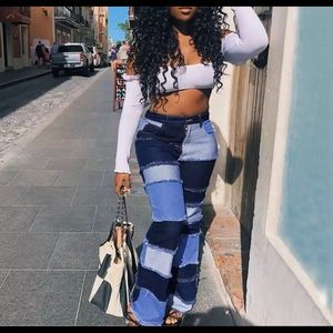 Blue patchwork flare jeans